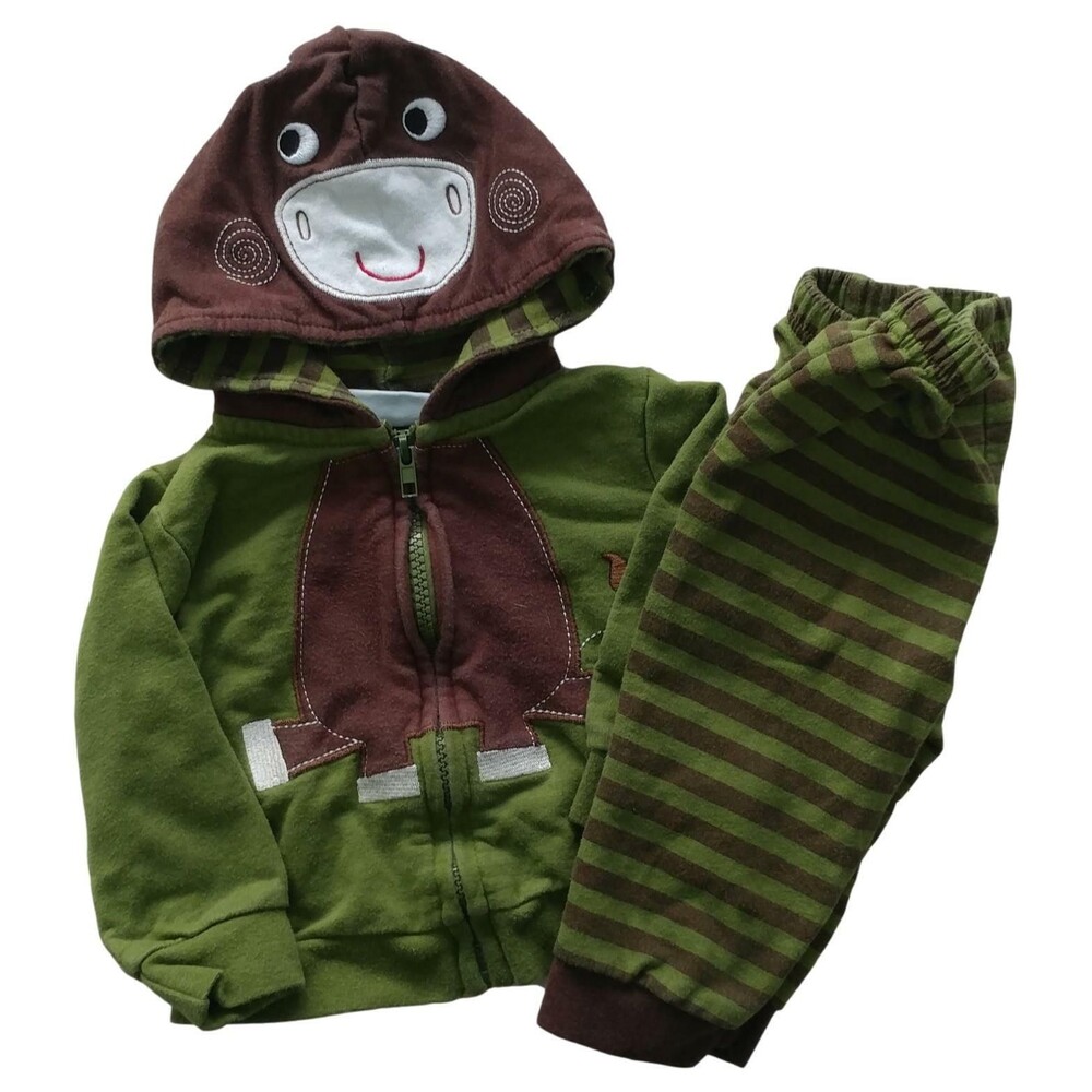 WEE play Baby Boys Moose Money 2 Piece Green Brown Zip Up Pants Outfit Set 12mon